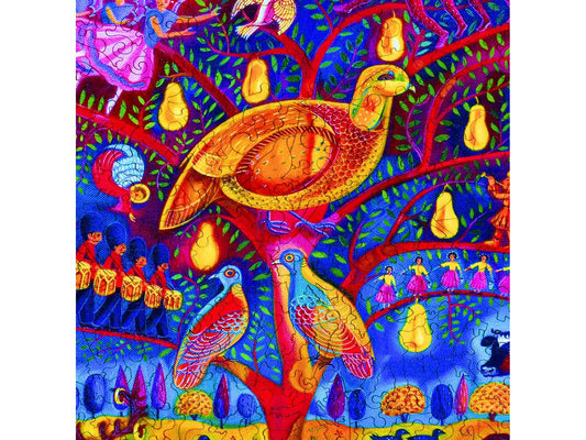 A closeup of the front of the puzzle, The Twelve Days of Christmas, showing the detail in the pieces.