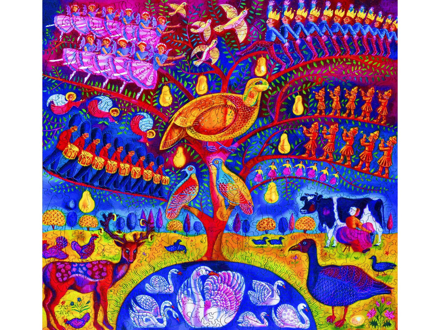 The front of the puzzle, The Twelve Days of Christmas, which shows a bird in a tree, surrounded by various figures from the song, twelve days of christmas.