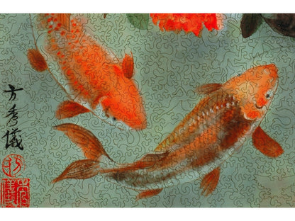 A closeup of the front of the puzzle, Two Koi.