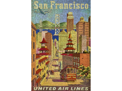 The front of the puzzle, United Airlines San Francisco, which shows the famous buildings and bridge of San Francisco.