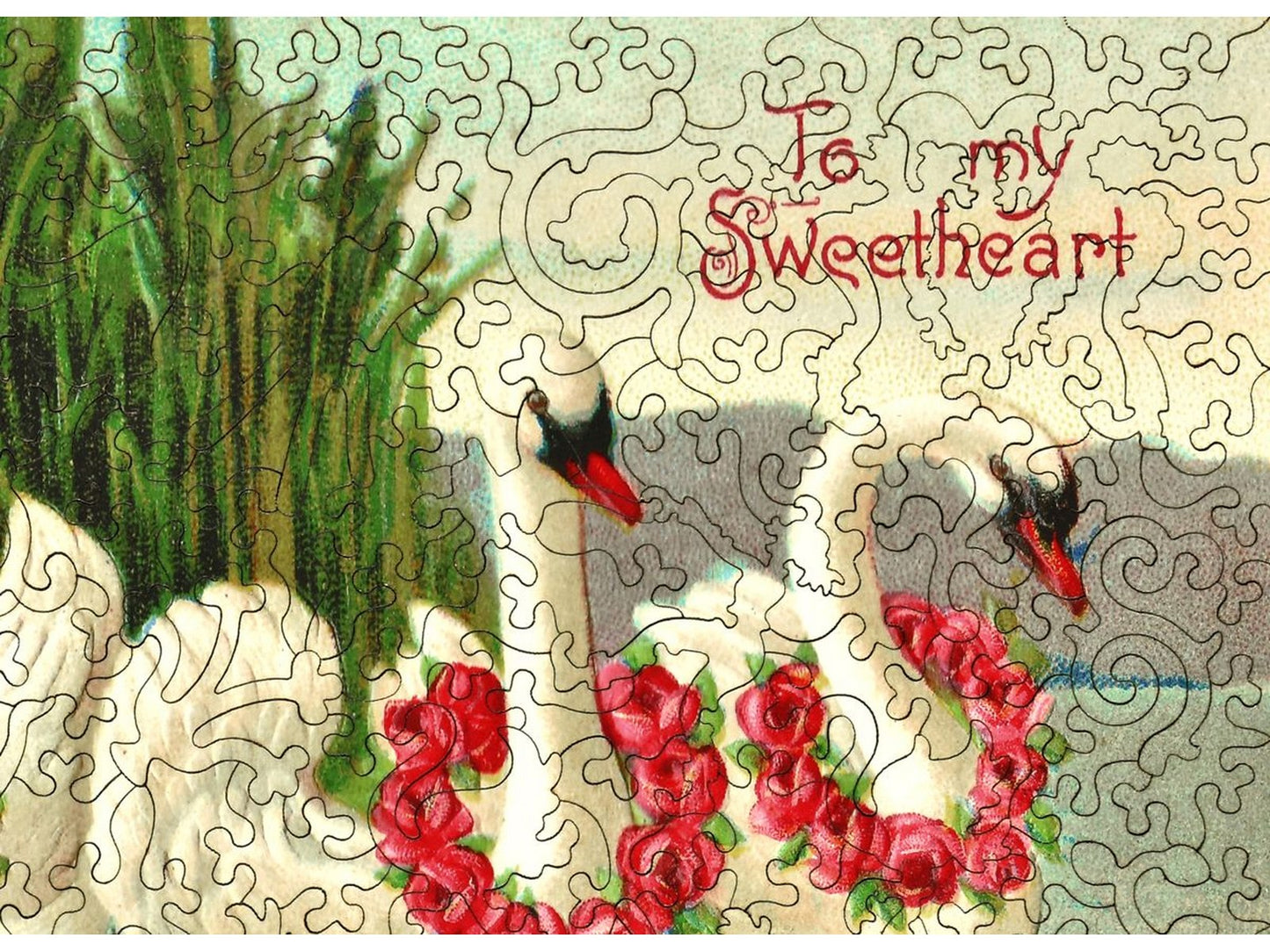 A closeup of the front of the puzzle, Valentine Swans