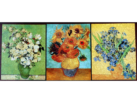 The front of the puzzle, Van Gogh Flower Trio, which shows three different paintings of flowers in vases.