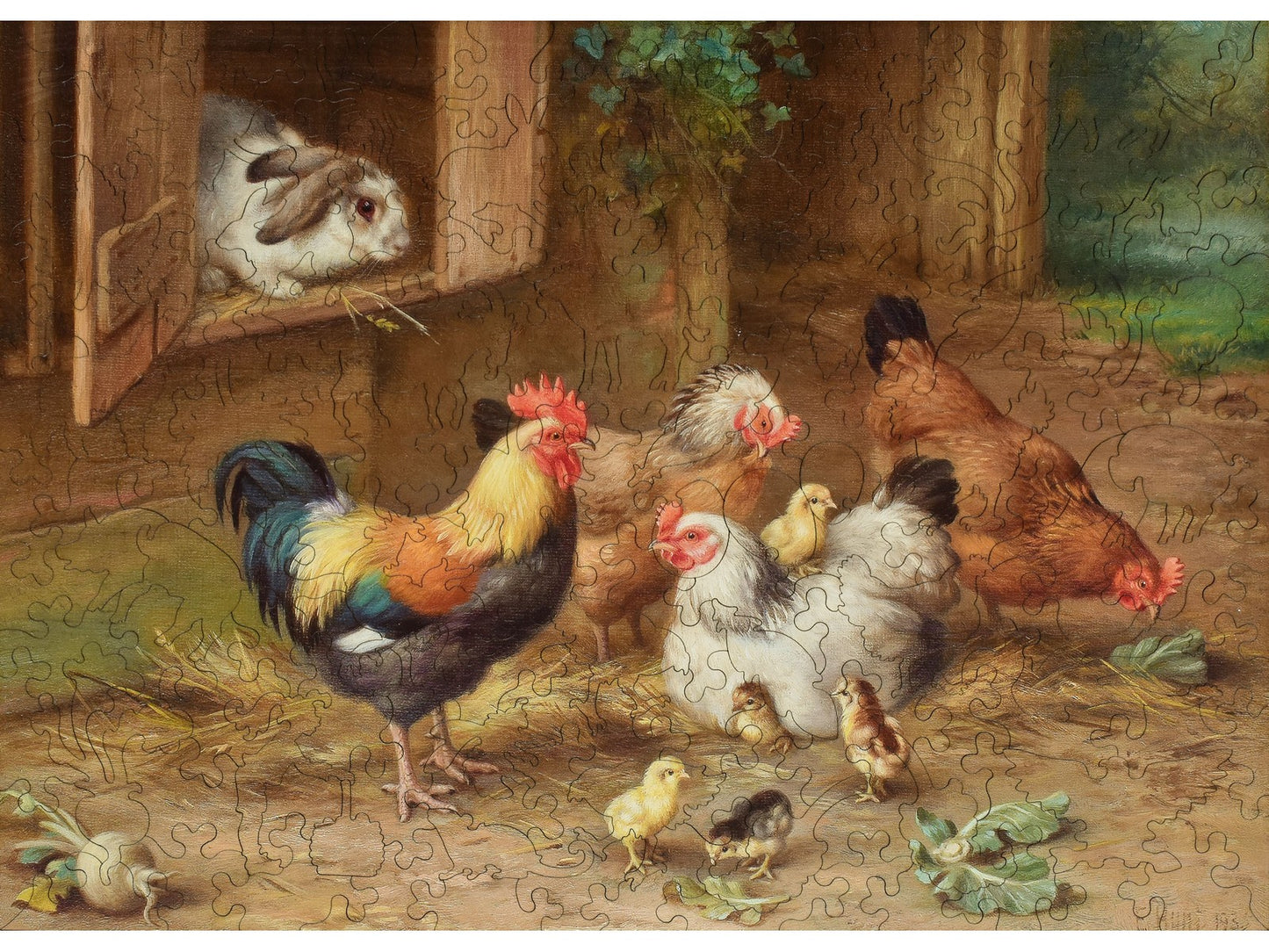 The front of the puzzle, A View from the Hutch, which shows a rabbit and chickens.