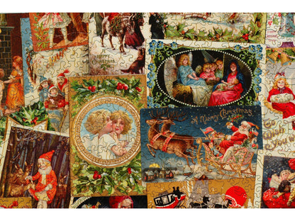 A closeup of the front of the puzzle, Vintage Christmas Postcards.