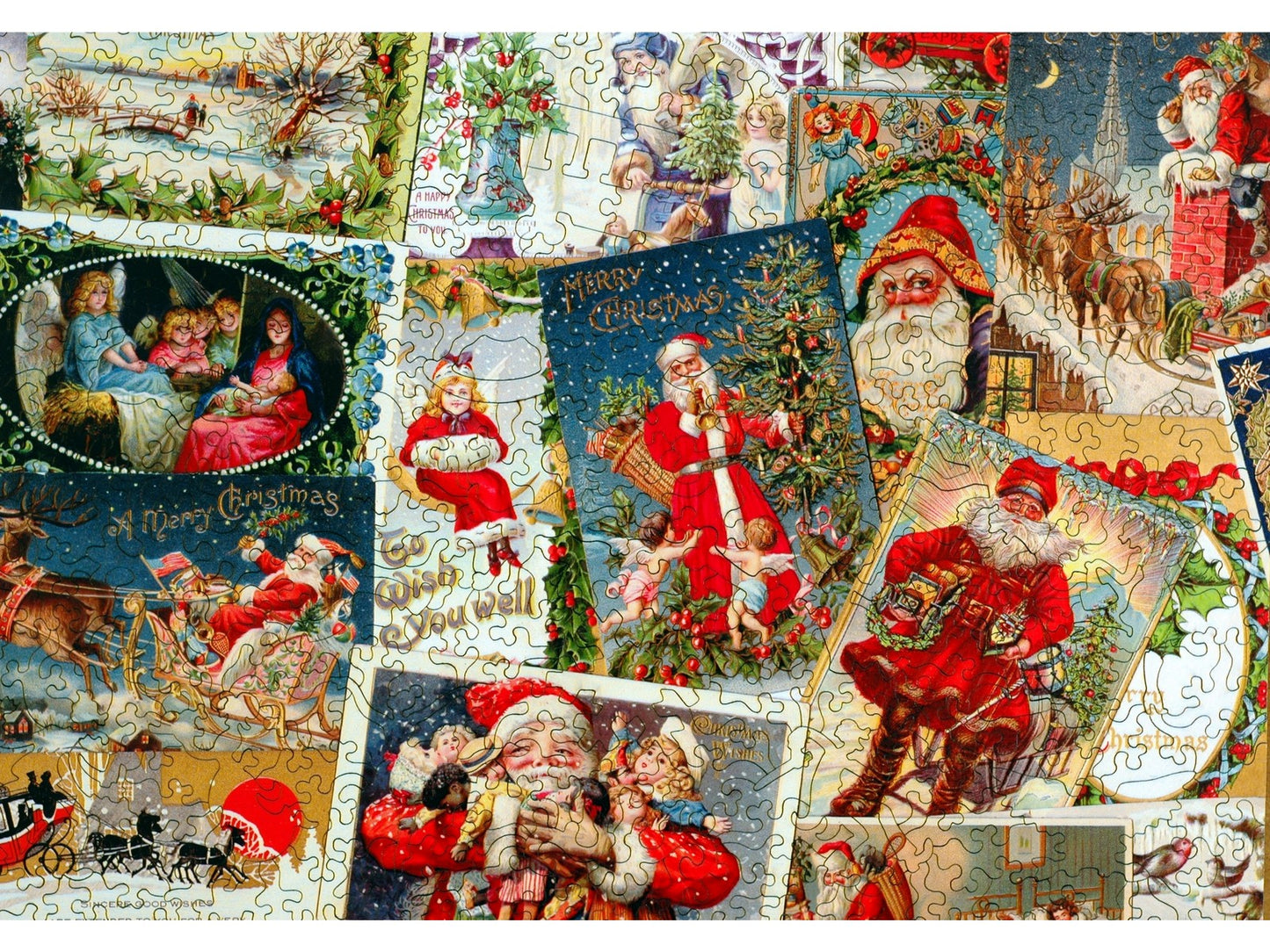 A second closeup of the front of the puzzle, Vintage Christmas Postcards.