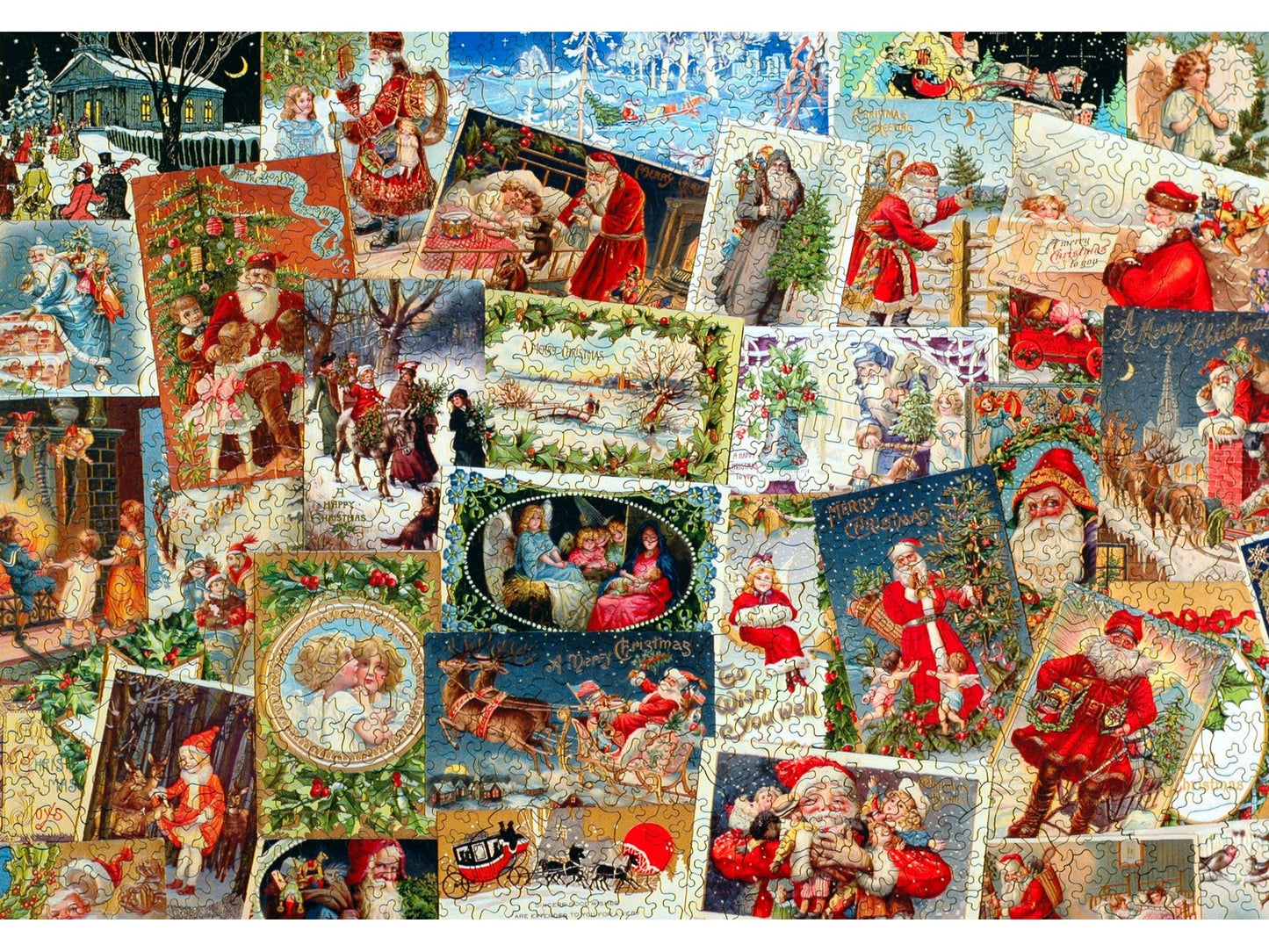 The front of the puzzle, Vintage Christmas Postcards, which shows a collage of different vintage holiday postcards.