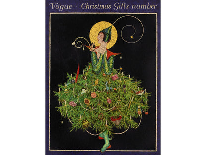 The front of the puzzle, Vogue Christmas Gifts Number, which shows a woman wearing a dress made out of a Christmas tree.