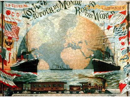 The front of the puzzle, Voyage Round the World, which shows boats and a train with a border of flags.