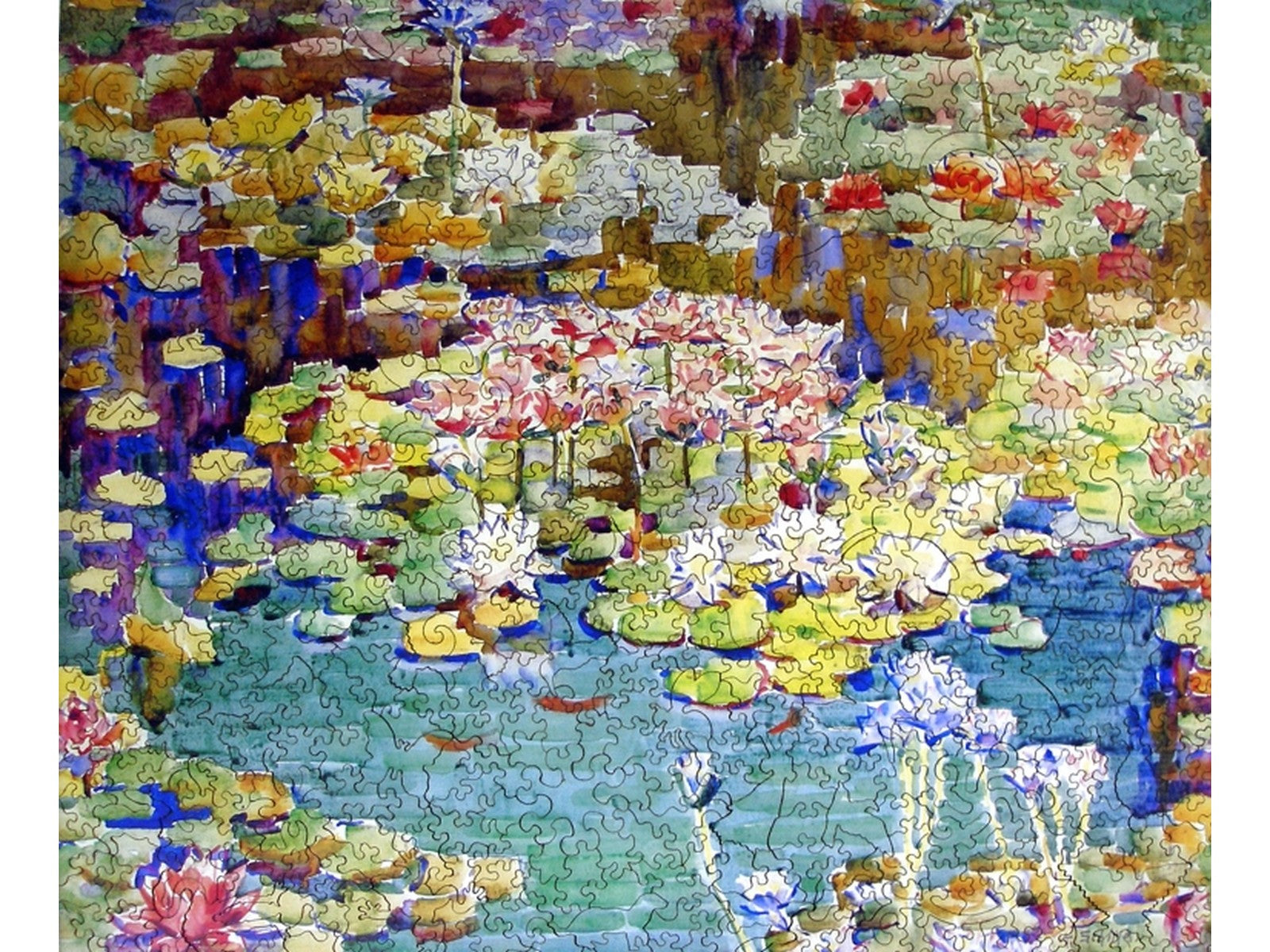 The front of the puzzle, Water Lilies, Schille, which shows a pond full of water lilies.