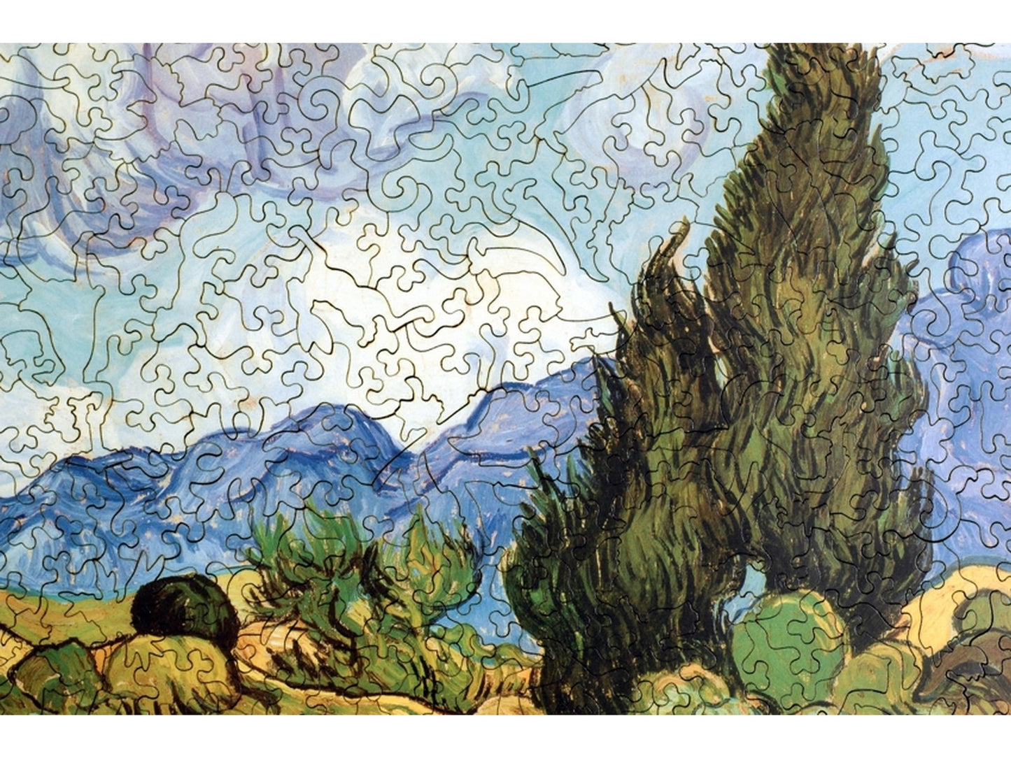 A closeup of the front of the puzzle, Wheat Field with Cypresses.