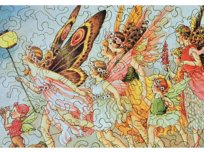 A closeup of the front of the puzzle, When the Fairies Came, showing the detail in the pieces.