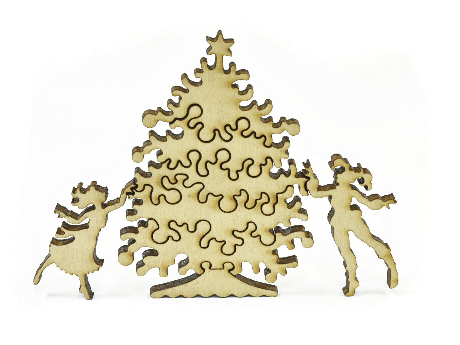 A closeup of pieces in the shape of two people decorating a christmas tree.