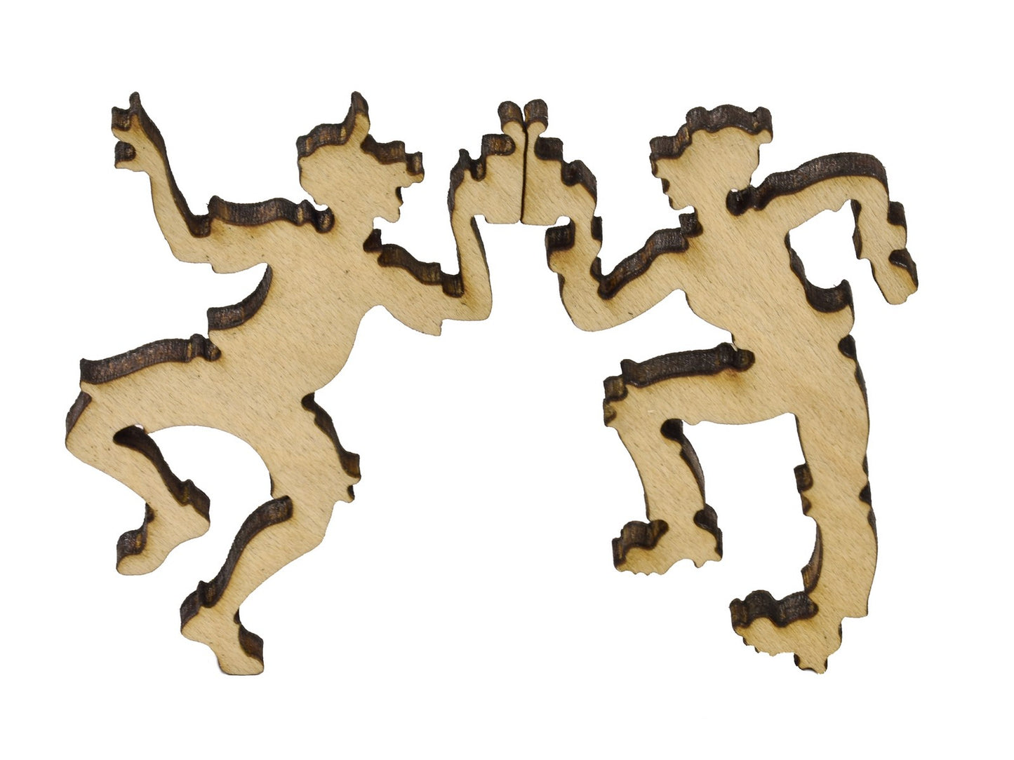 A closeup of pieces in the shape of two people clinking their glasses together.