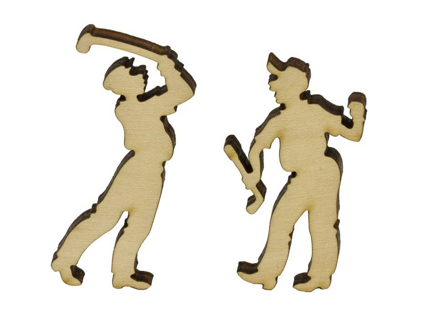 A closeup of pieces in the shape of two golfers.