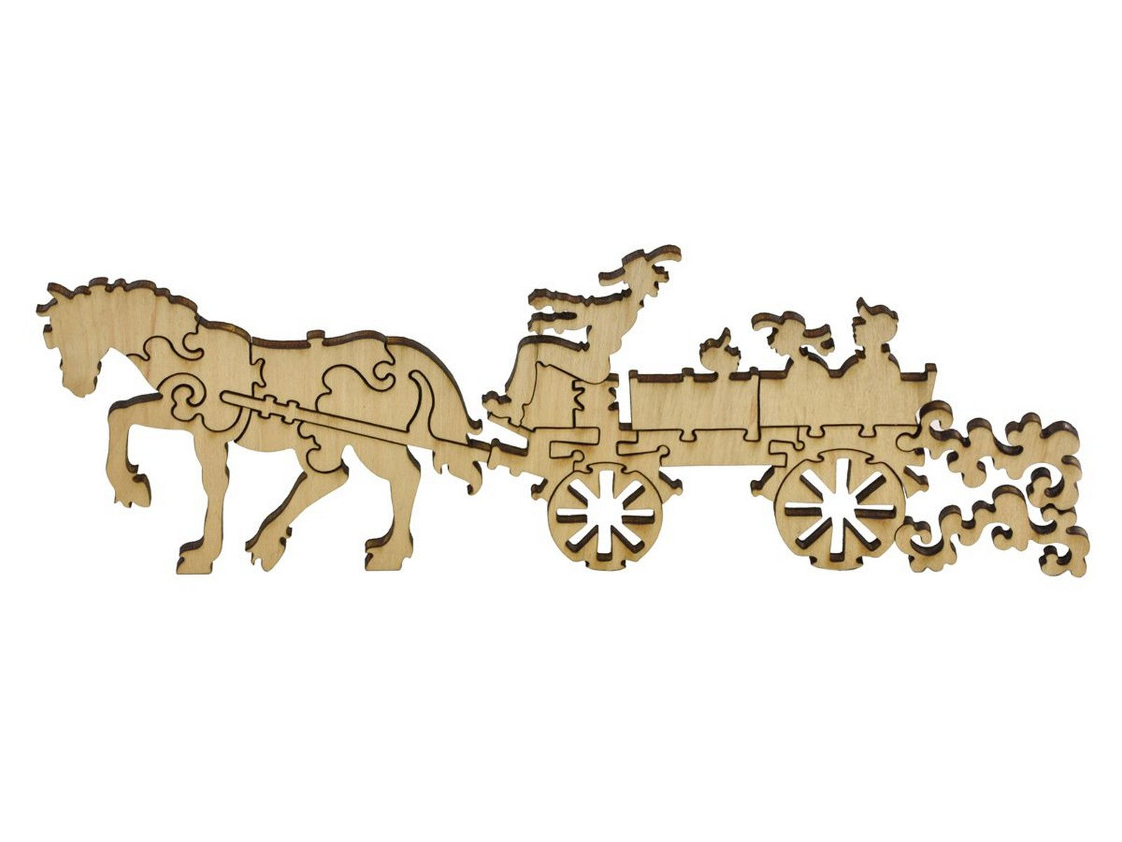 A closeup of pieces in the shape of a horse pulling a wagon. 