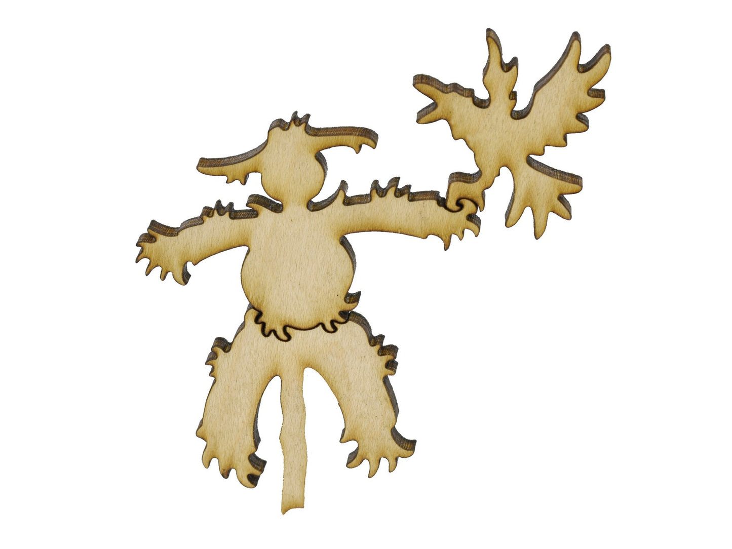 A closeup of pieces in the shape of a scarecrow.