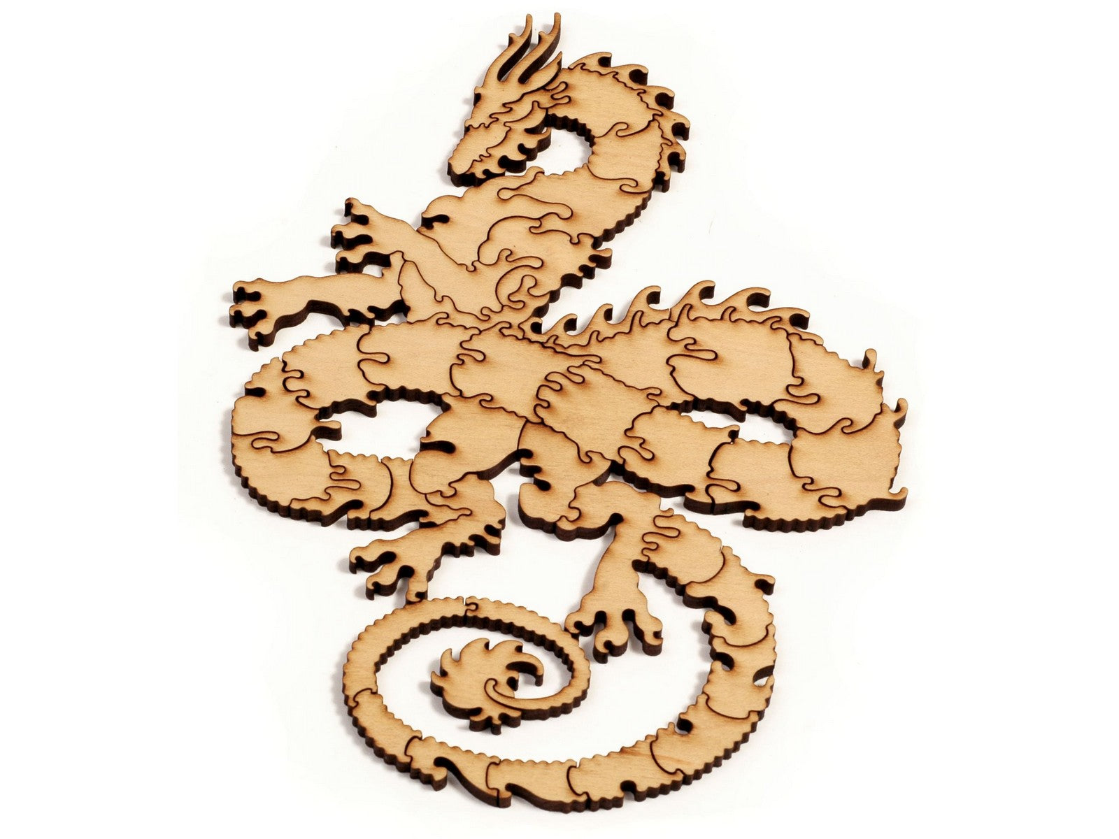 A closeup of pieces in the shape of a dragon.