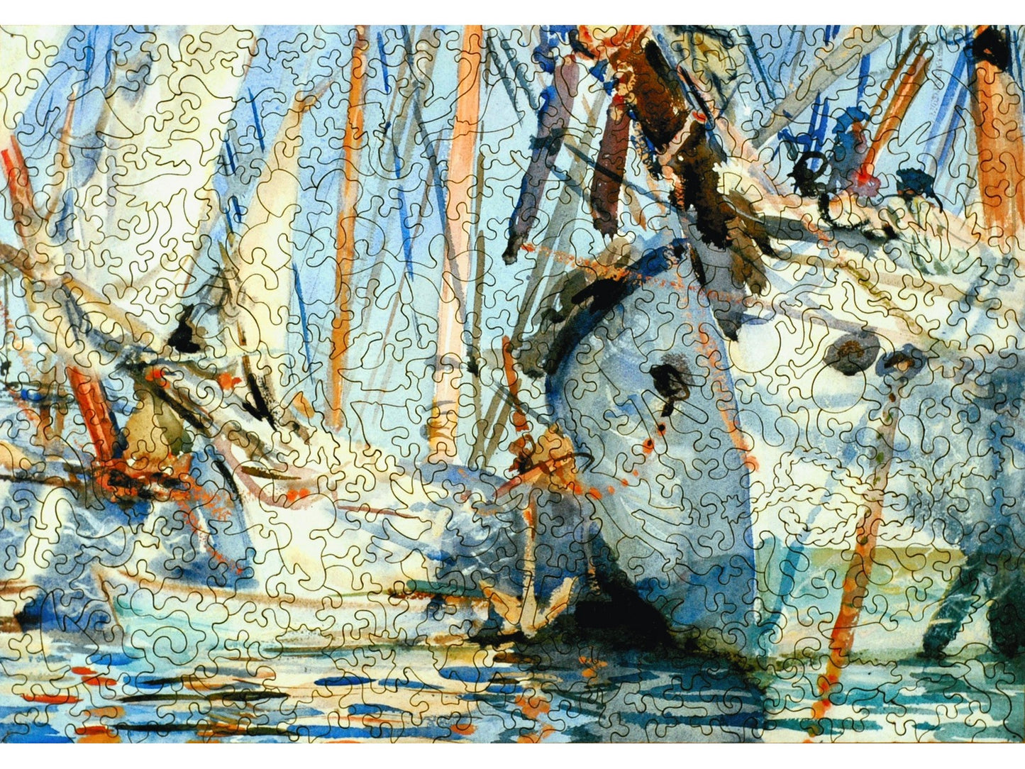 The front of the puzzle, White Ships, which shows several large sailboats in a marina.