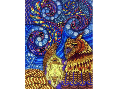 The front of the puzzle, Winter Carnival III, which shows an owl holding a lantern, and colorful abstract patterns.