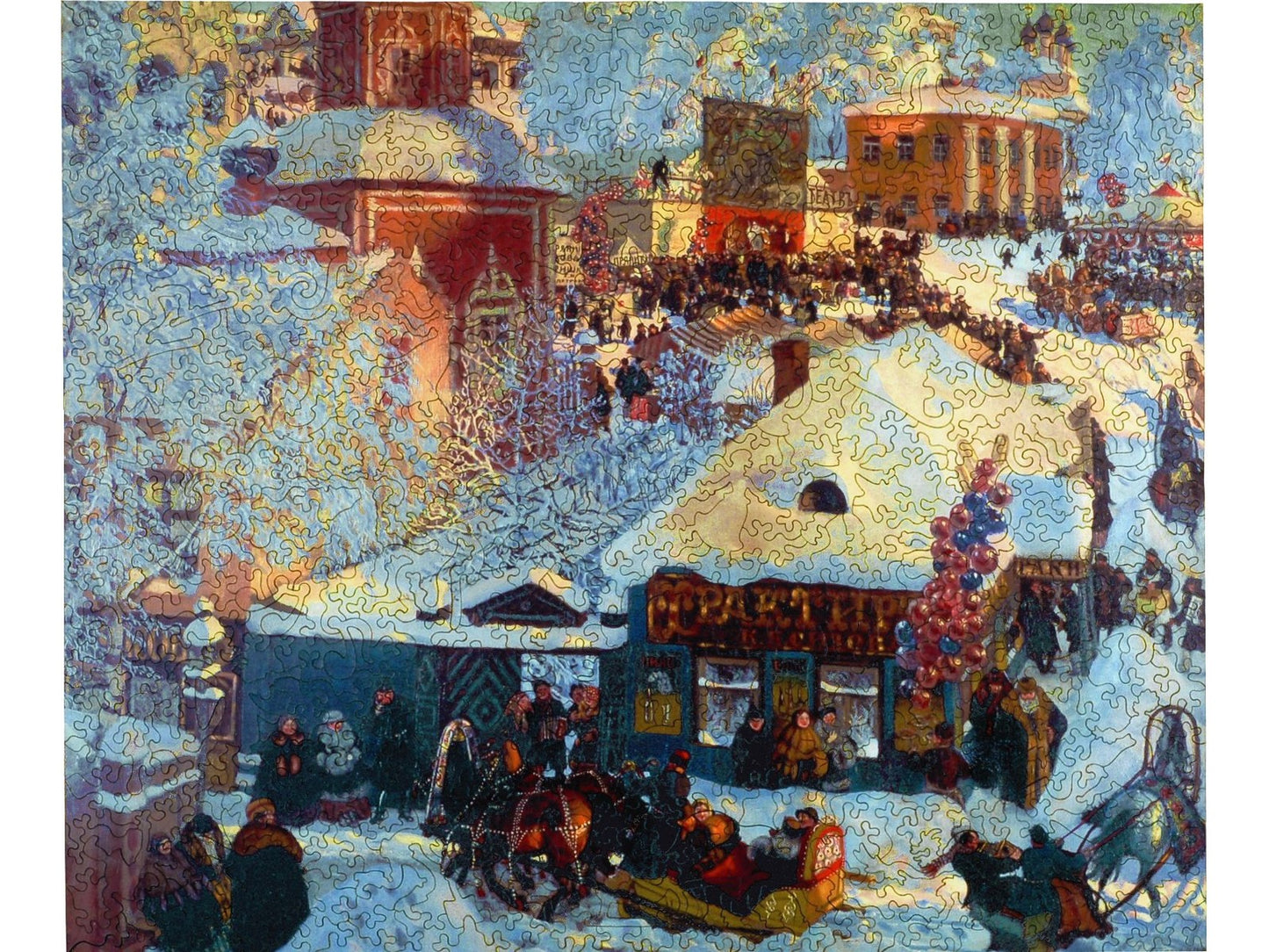 The front of the puzzle, Winter, Carnival Fair, 1919, which shows a snowy city scene of a carnival, with horse drawn sleighs.