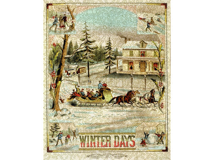 The front of the puzzle, Vintage Winter Days, which shows snowy winter scenes of sleigh riding, sledding, ice skating, and building snowmen.