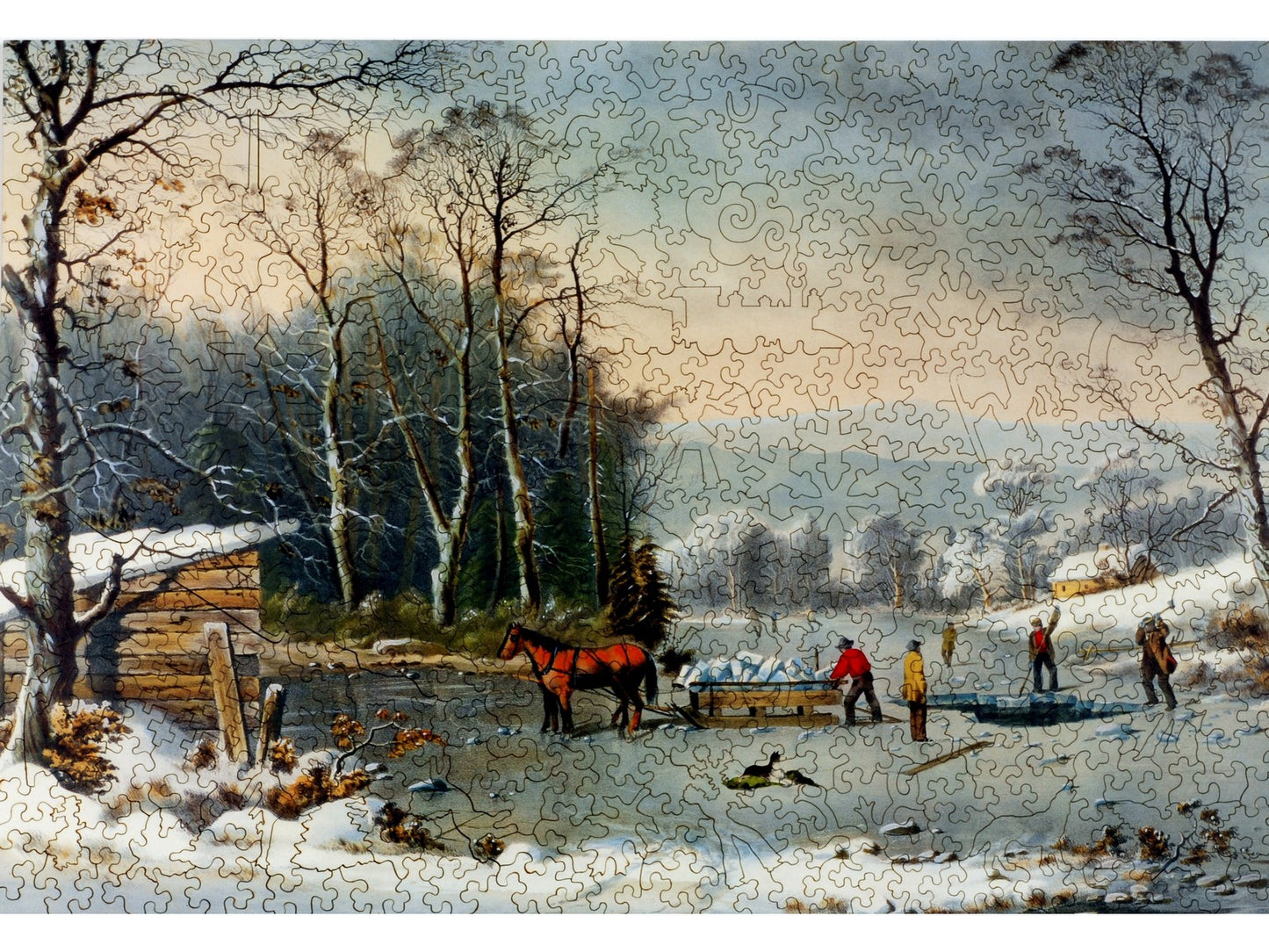 The front of the puzzle, Winter in the Country: Gathering Ice, which shows people cutting ice from a frozen pond and loading it into a horse drawn sleigh.