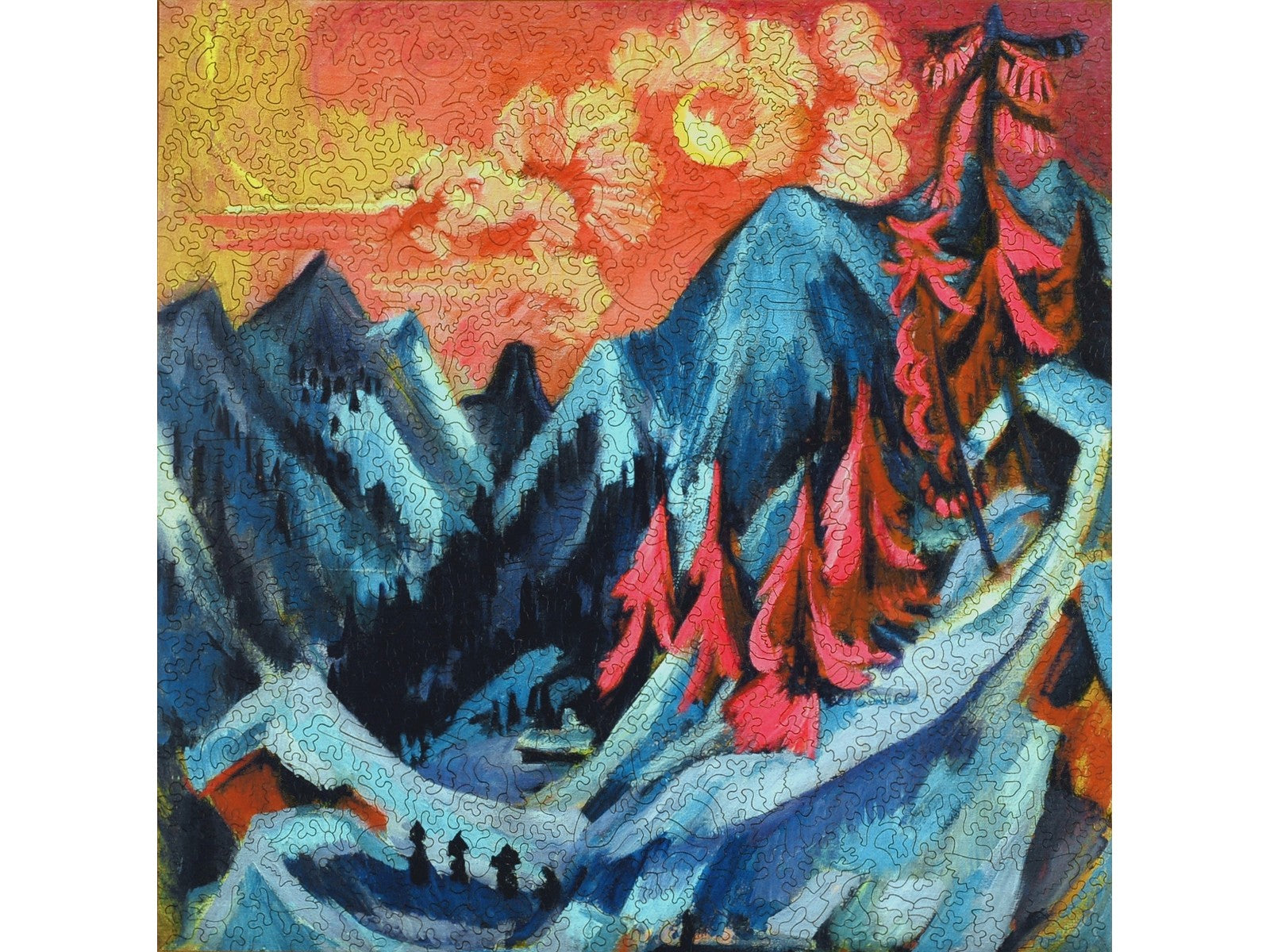 The front of the puzzle, Winter Landscape in Moonlight, which shows a brightly colored painting of a snowy mountain landscape.