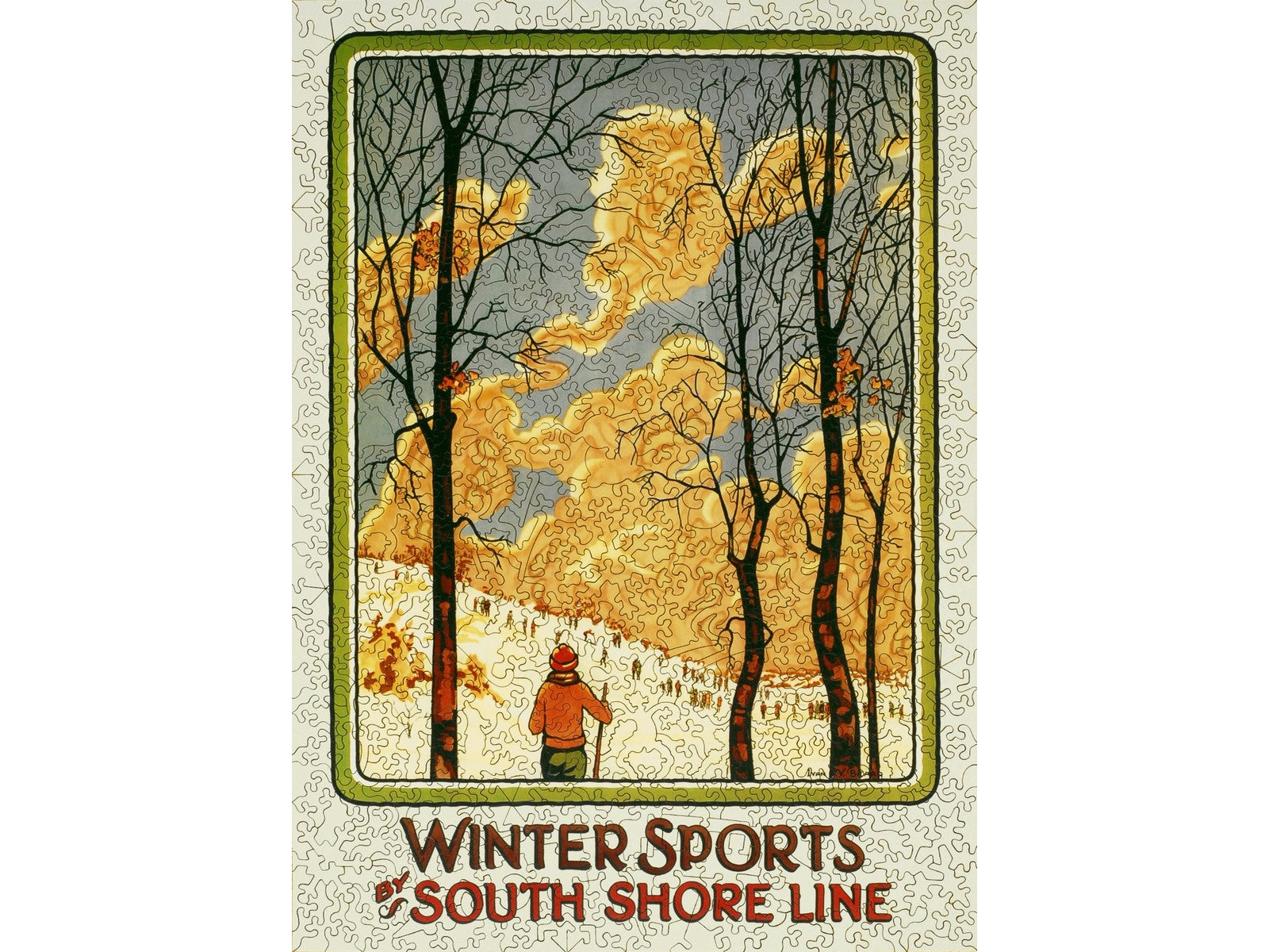 The front of the puzzle, Winter Sports by South Shore Line, which shows people skiing down a snowy slope with trees in the foreground, and text saying "Winter Sports by South Shore Line".
