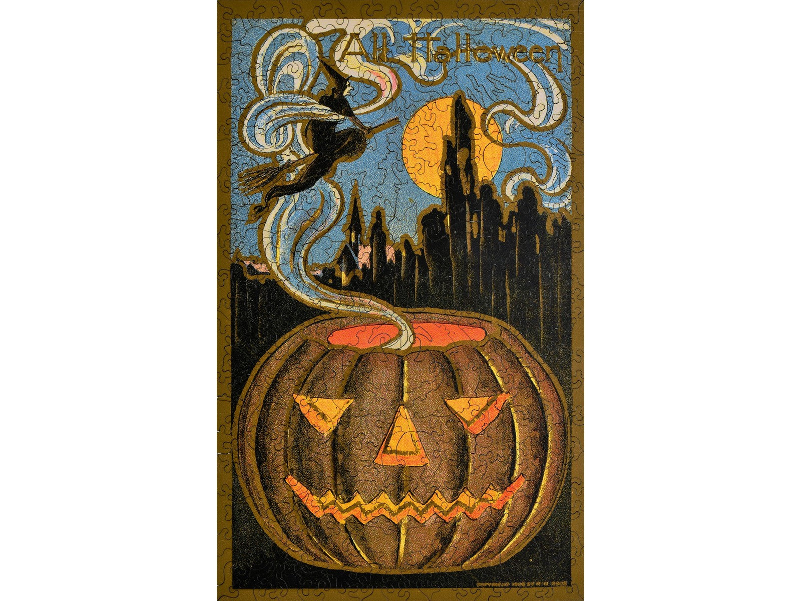 The front of the puzzle, Witches Brew, with a witch flying a broom out of a jack o lantern.