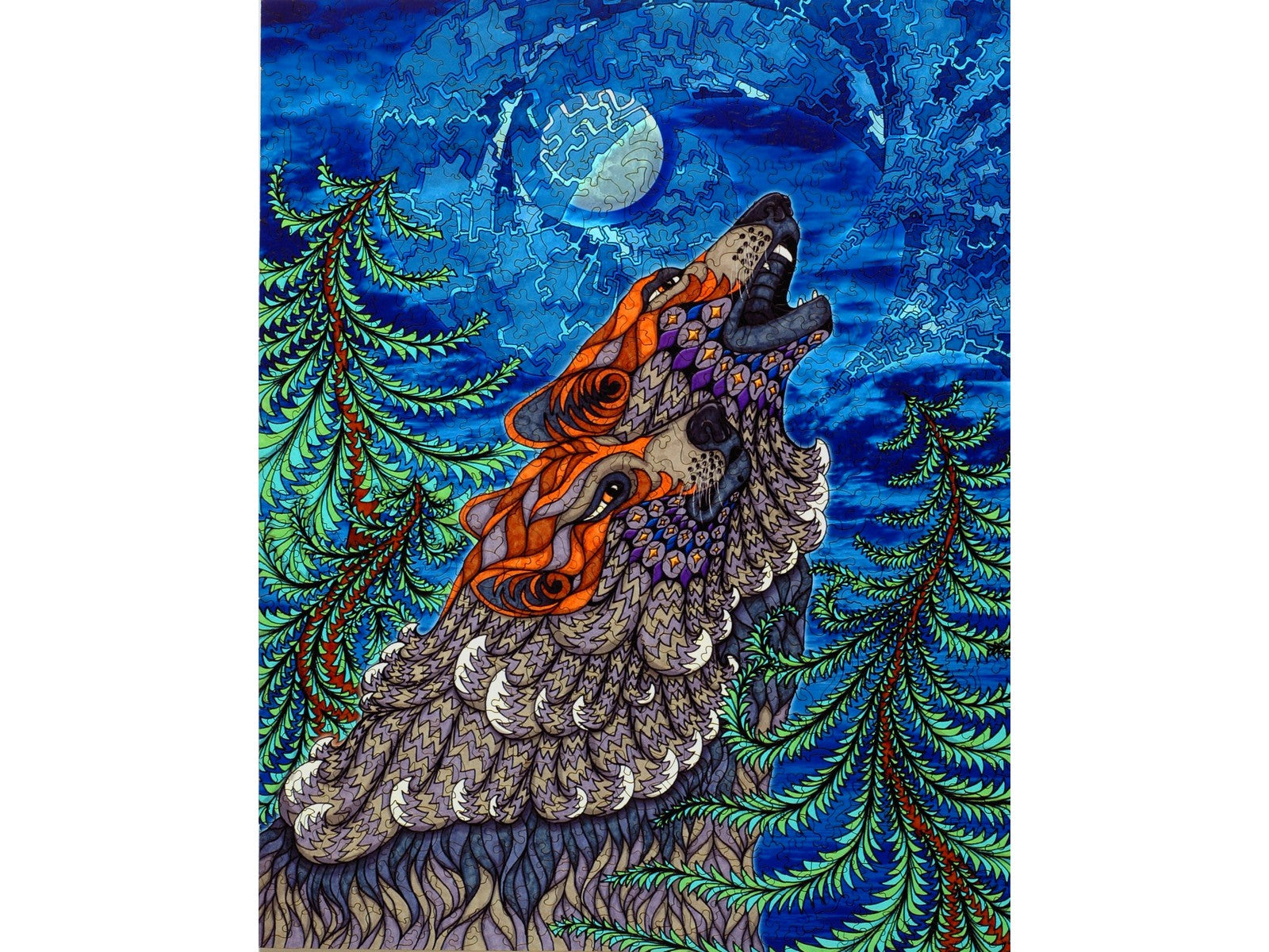 The front of the puzzle, Wolf Song, which shows two wolves howling at the moon.