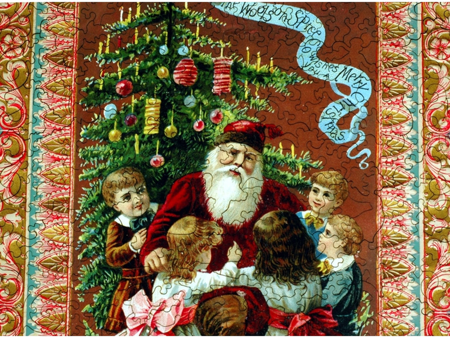 A closeup of the front of the puzzle, Woolson Spice Christmas.