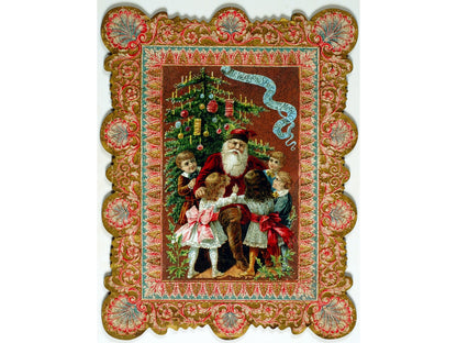 The front of the puzzle, Woolson Spice Christmas, which shows a group of children surrounding Santa Claus, with a decorative border.