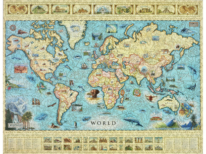 The front of the puzzle, The World Map, which shows a map of the world with a border featuring famous landmarks.