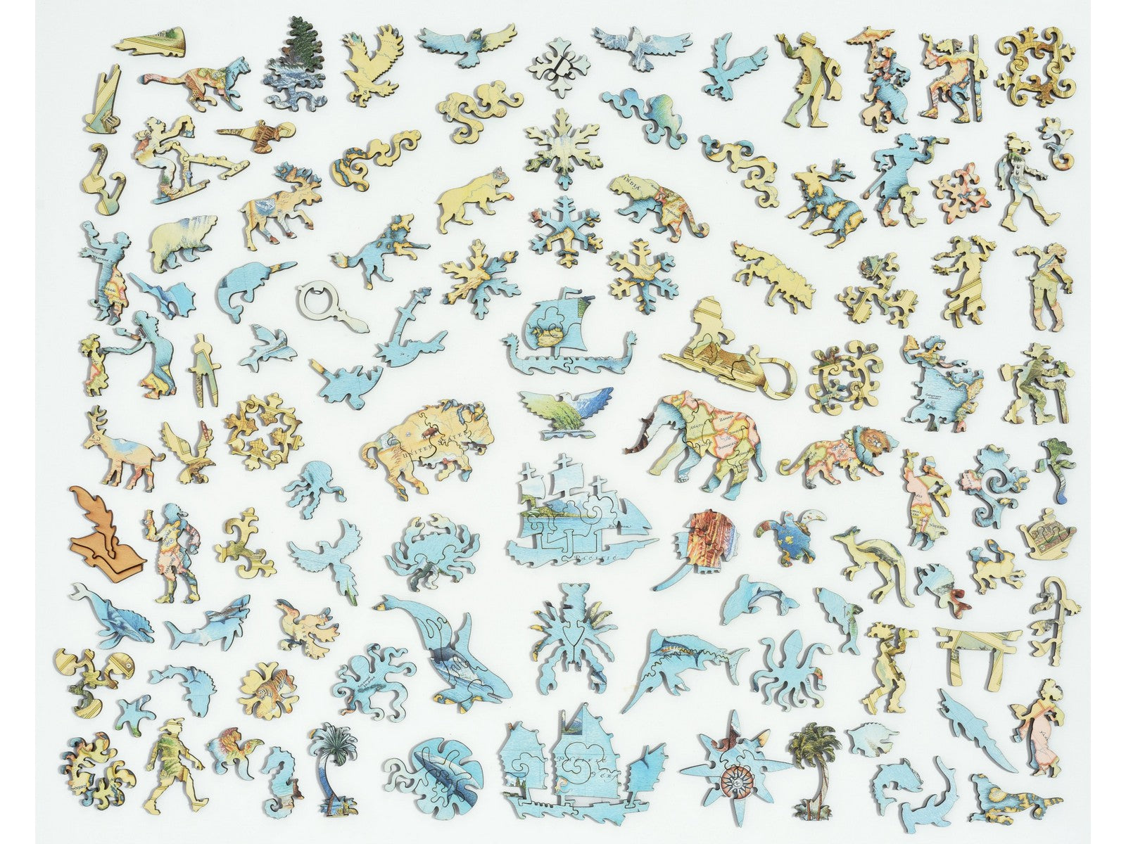 The whimsy pieces that can be found in the puzzle, The World Map.
