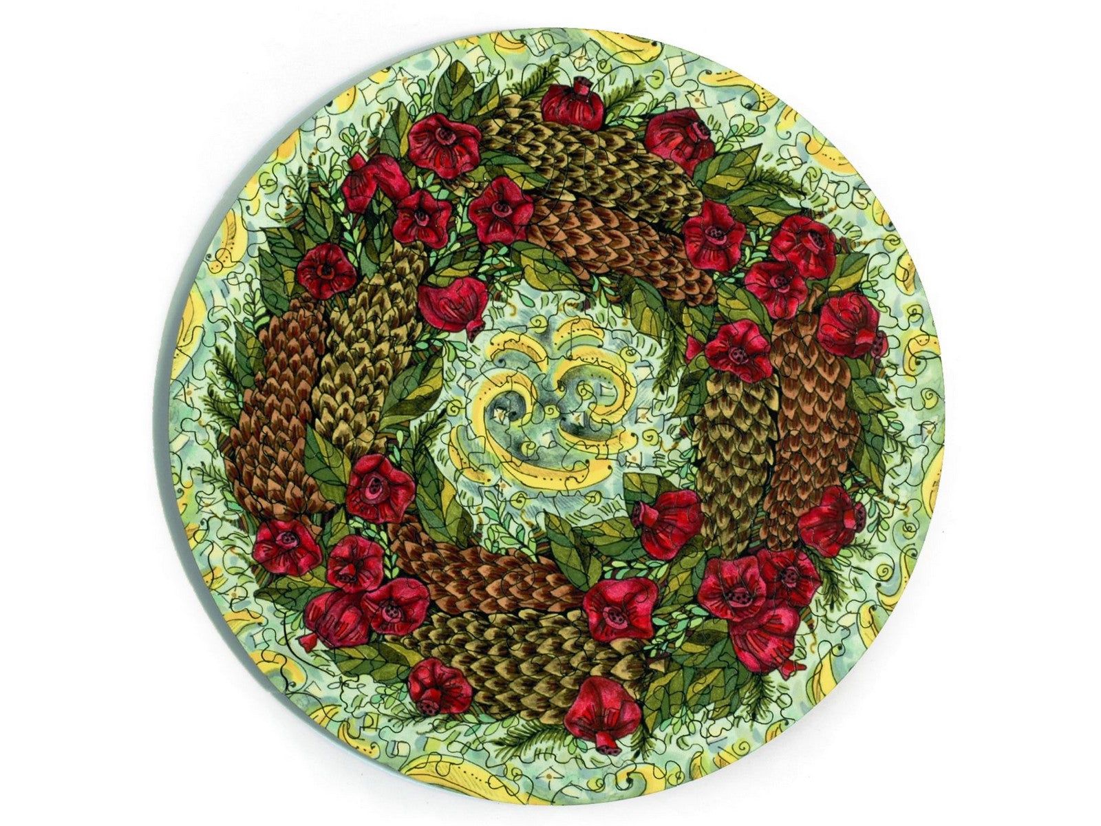 The front of the puzzle, Pinecone and Pomegranate Wreath, which shows a holiday wreath made of pinecones and pomegranates. 