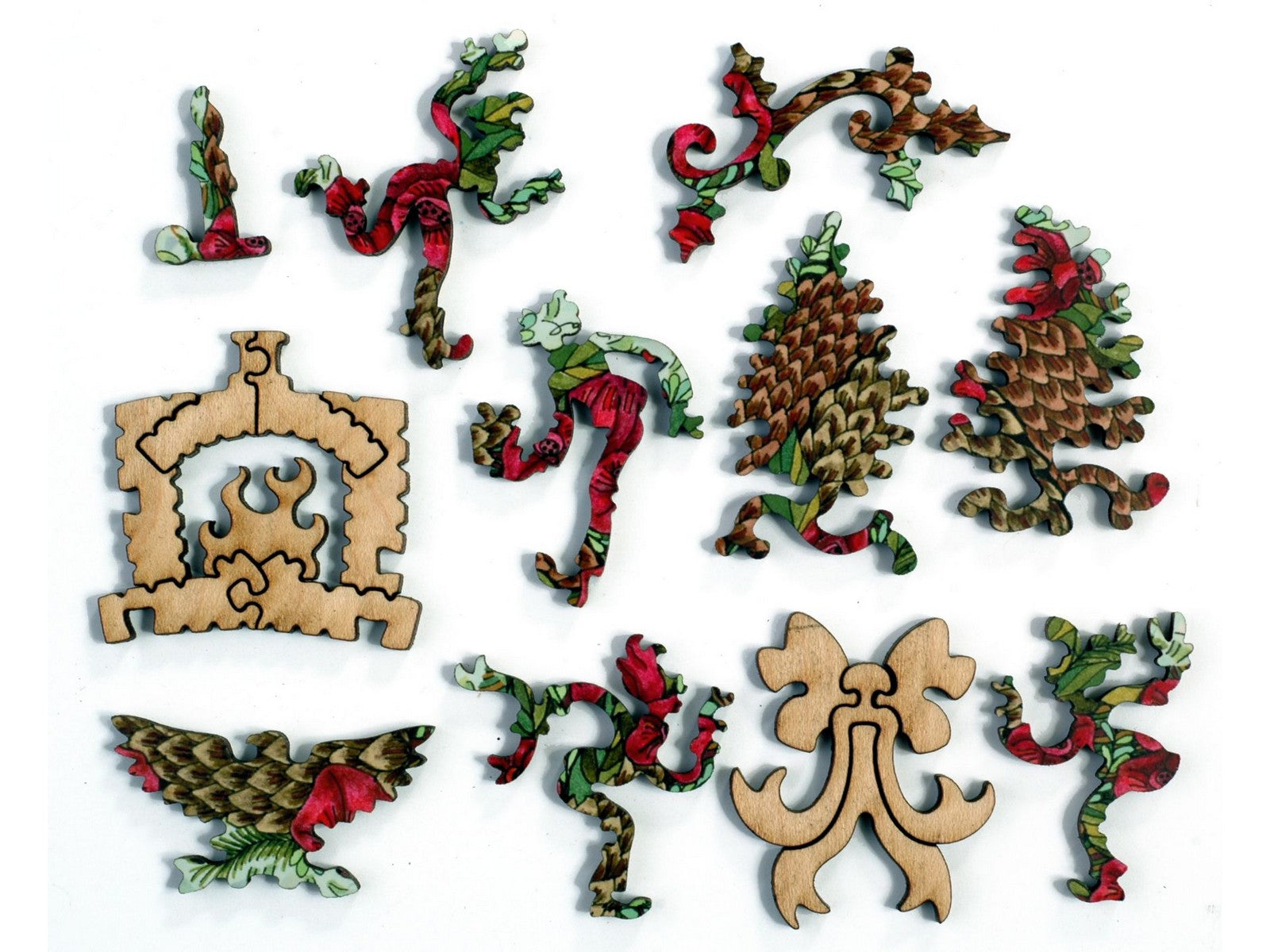 The whimsy pieces that can be found in the puzzle, Pinecone and Pomegranate Wreath.