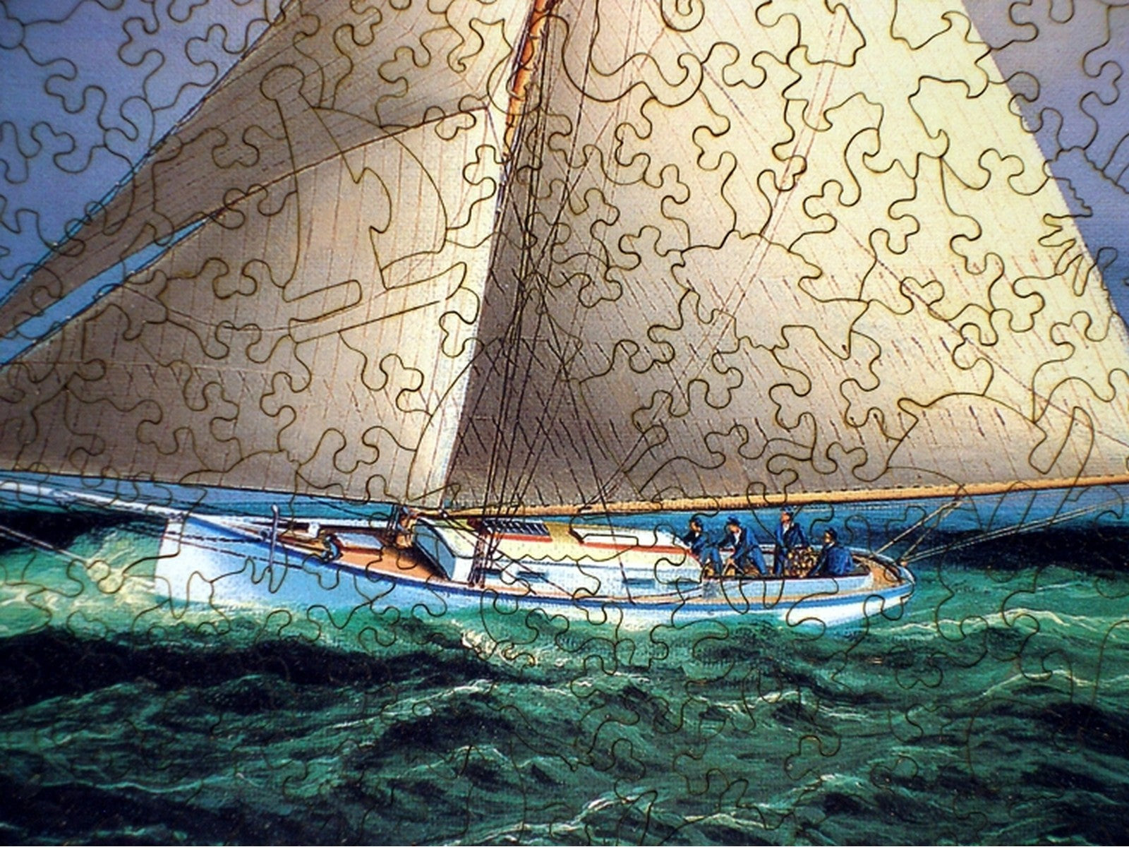 A closeup of the front of the puzzle, Yacht Race Off Boston Light.