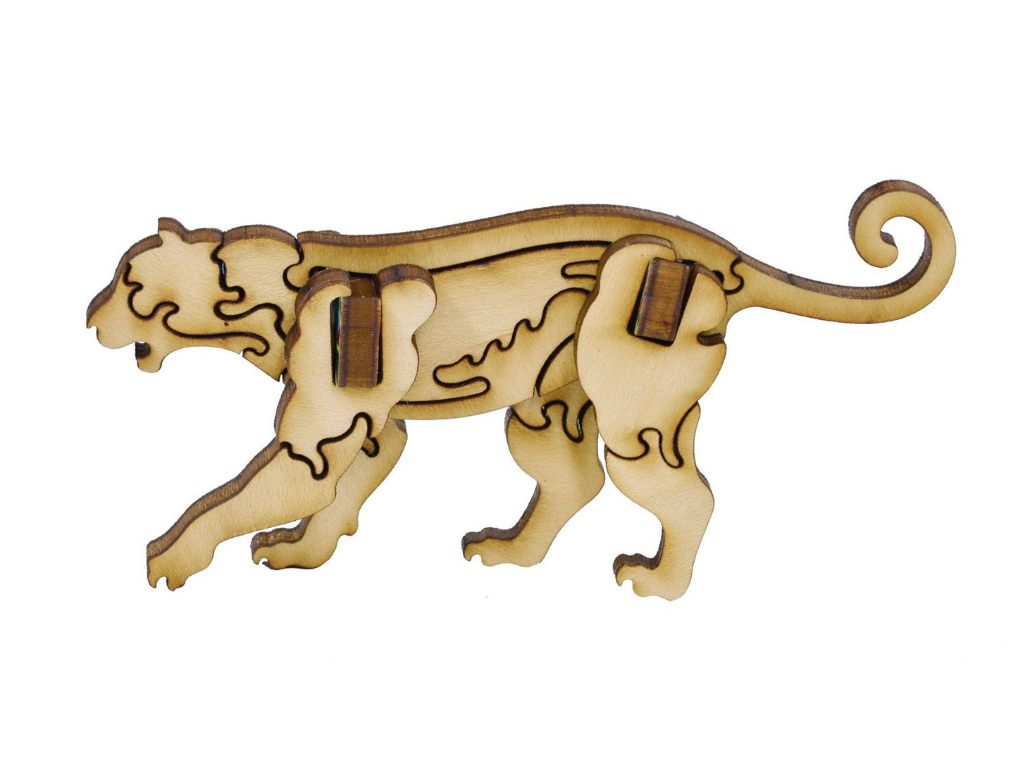 A closeup of pieces in the shape of a 3D puma.
