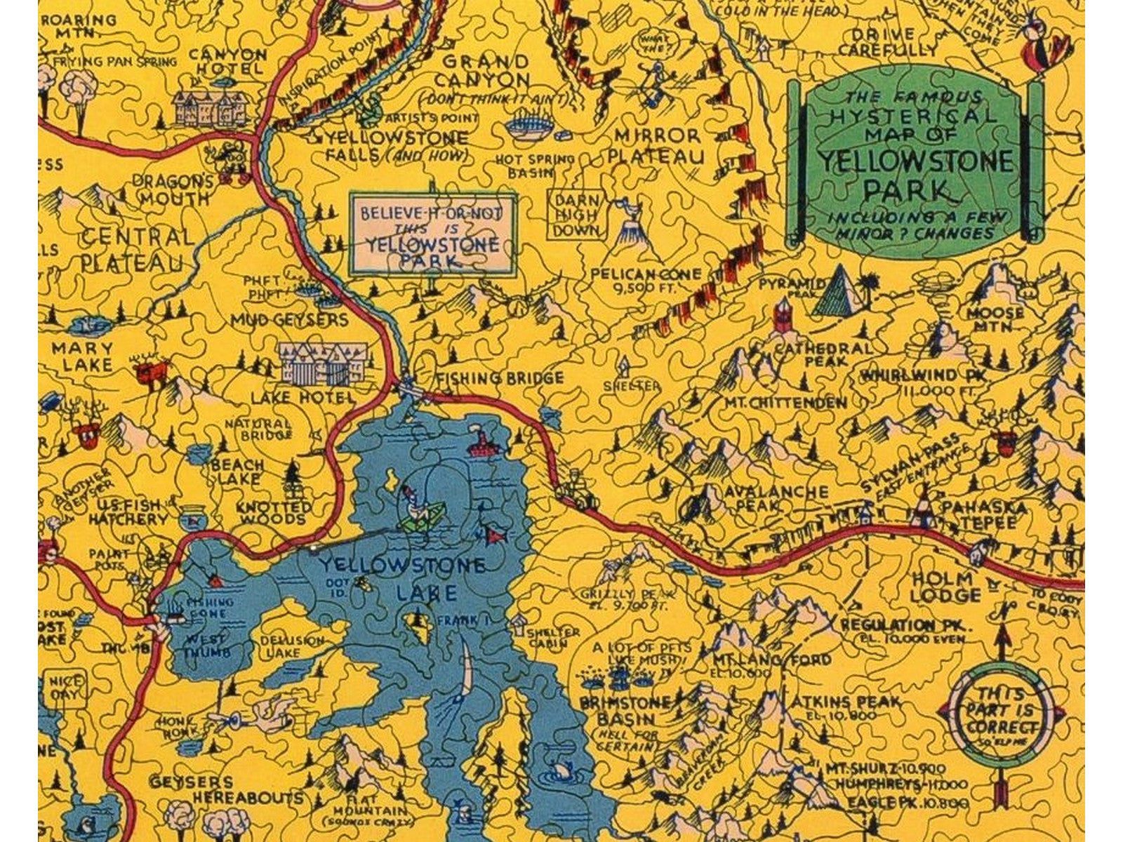 A closeup of the front of the puzzle, Hysterical Map of Yellowstone Park.