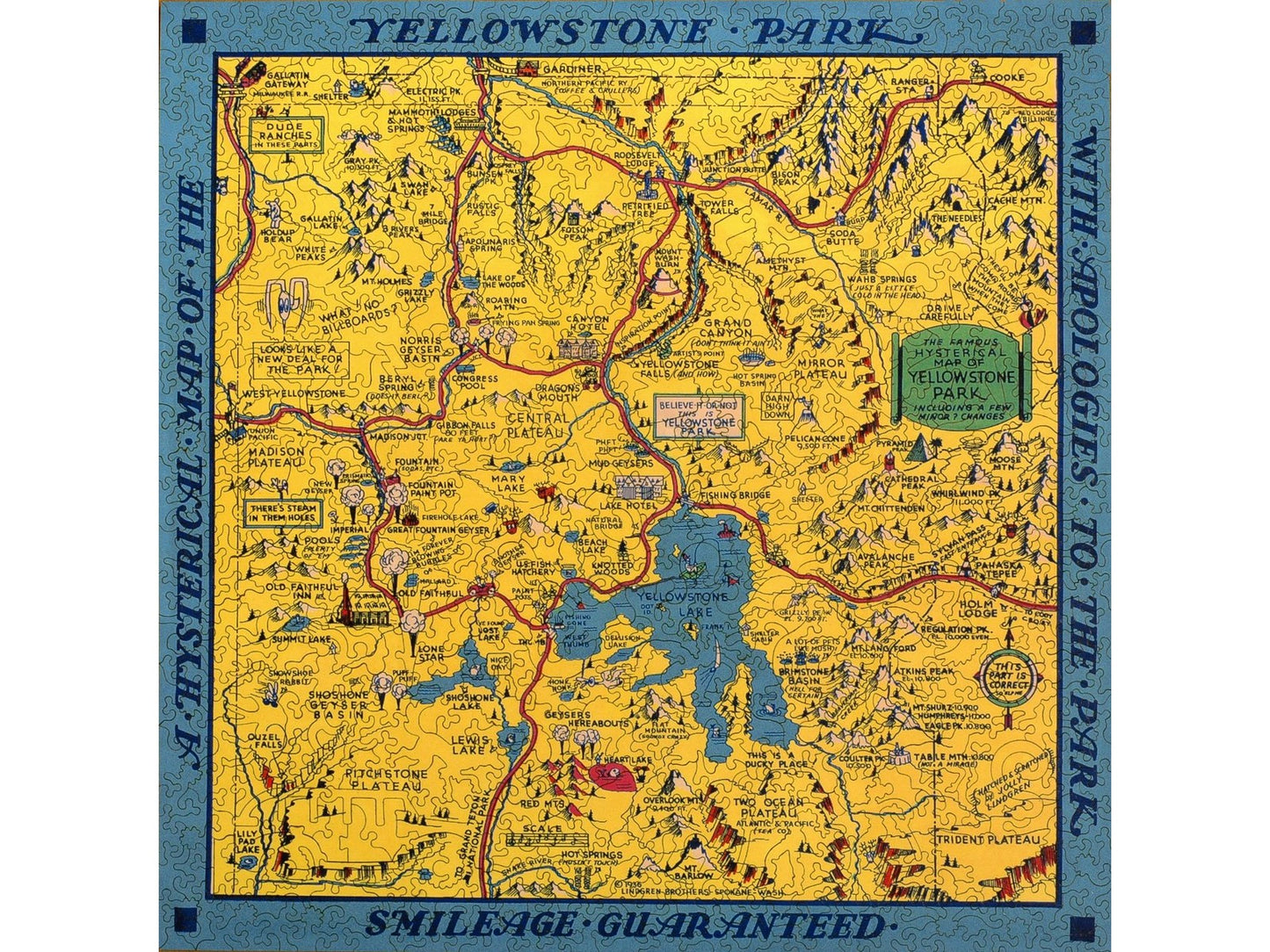 The front of the puzzle, Hysterical Map of Yellowstone Park, which shows a yellow map of yellowstone park, with humorous drawings an captions, with a blue border.