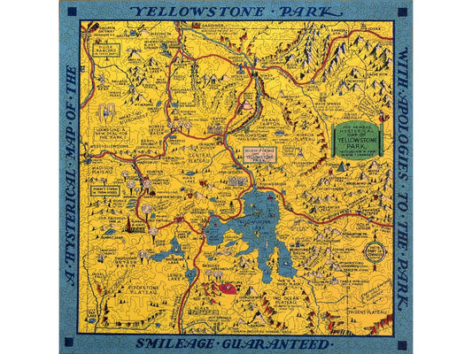 The front of the puzzle, Hysterical Map of Yellowstone Park, which shows a yellow map of yellowstone park, with humorous drawings an captions, with a blue border.