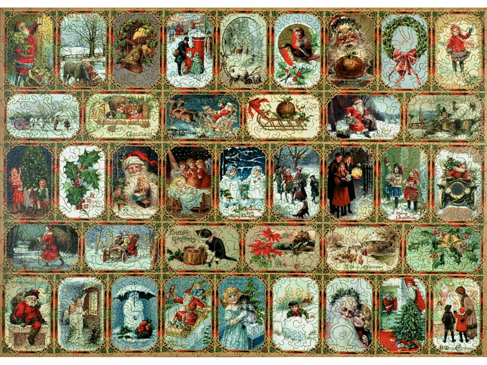 The front of the puzzle, Yuletide Memories, which shows a collage of vintage christmas postcards with decorative borders.