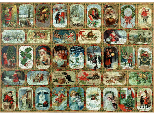 The front of the puzzle, Yuletide Memories, which shows a collage of vintage christmas postcards with decorative borders.